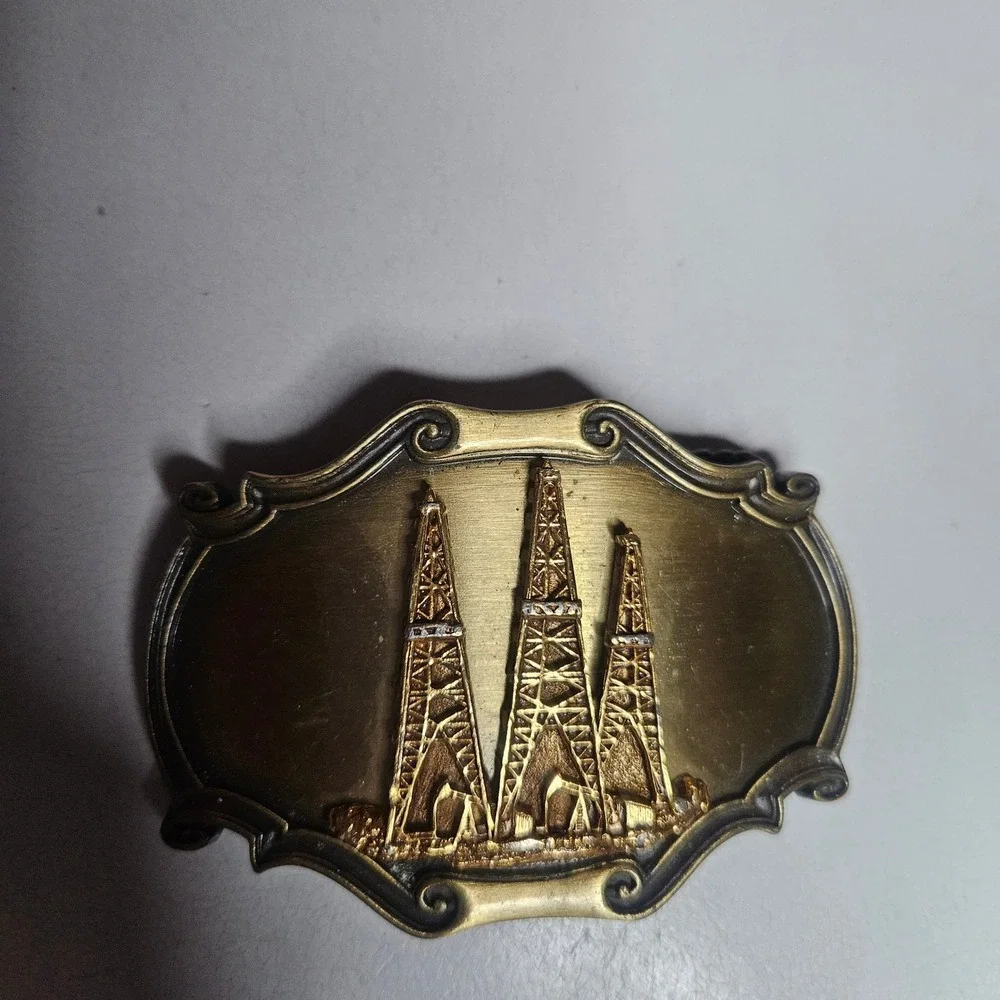 Vintage 1978 RainTree Oil Derrick Belt Buckle Brass Tone Western Industrial